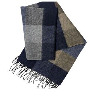 Via Condotti Roma 100% Virgin Wool Plaid Fringe Scarf Navy Blue Taupe Italy